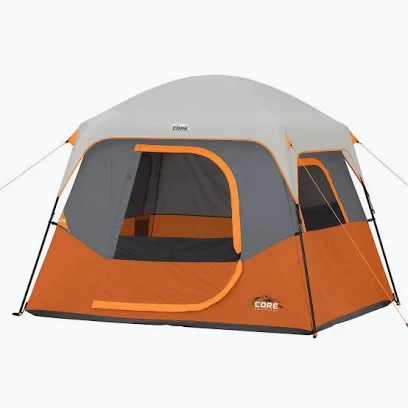 Orange and grey cabin-style camping tent with large mesh windows and guy lines